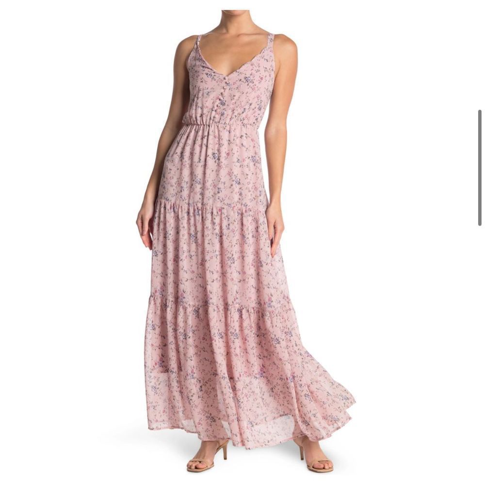 MELLODAY nwt Scallop Trim V-neck Printed maxi Dress In Pastel Pink Floral